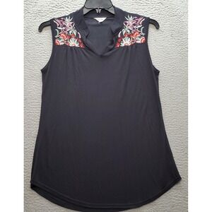 Amaryllis Blouse Top Womens Small Black Embroidered Detail Flowers Sleeveless